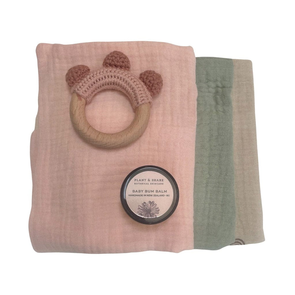 Ecosprout Baby Gift Sets Gift Box : 3 Pk Cloths & Blush Crochet Teether