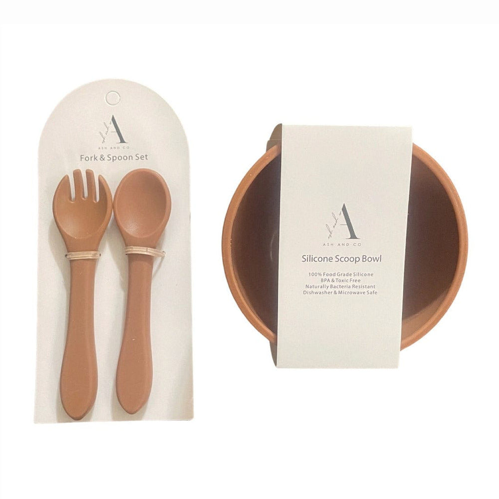 Ash & Co Nursing & Feeding Silicone Scooped Suction Bowl & Cutlery Set : Mocha