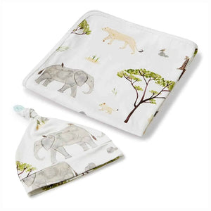 
            
                Load image into Gallery viewer, Snuggle Hunny Kids Swaddling &amp;amp; Receiving Blankets Jersey Wrap &amp;amp; Beanie Set : Safari
            
        