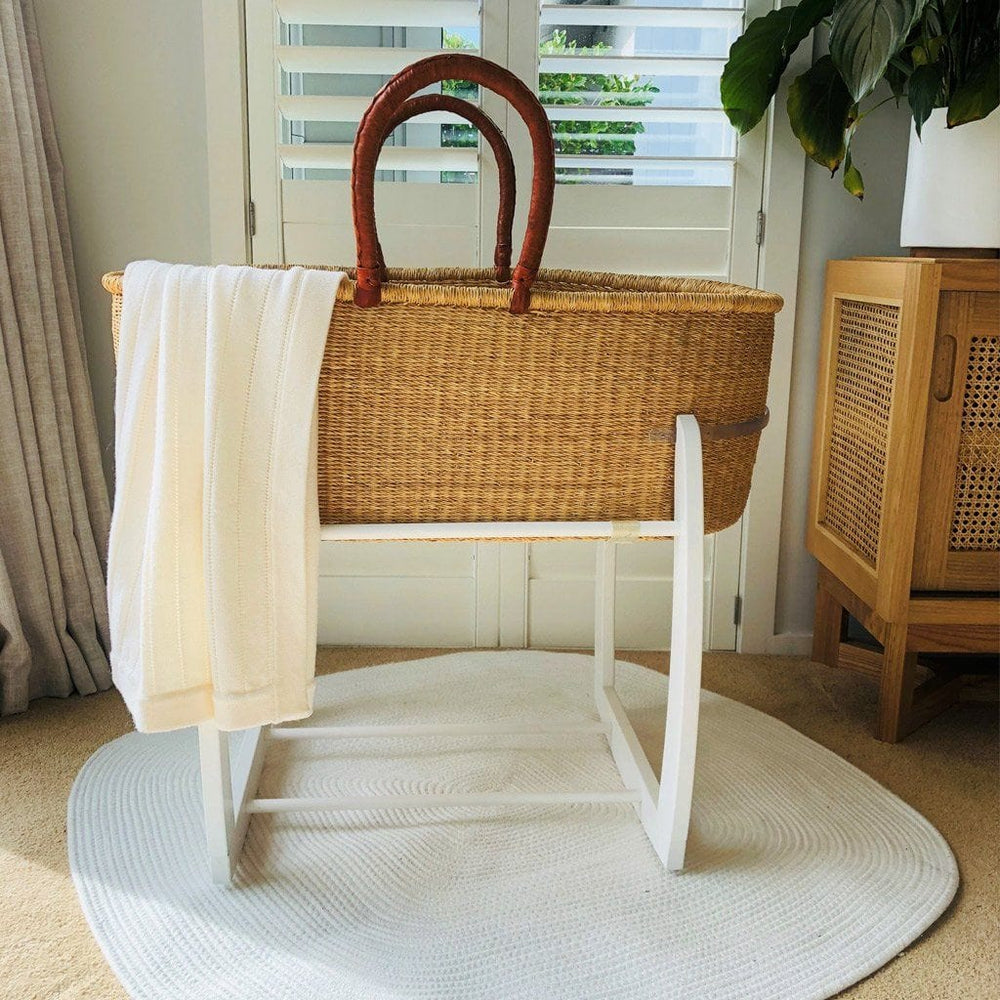 
            
                Load image into Gallery viewer, Bundle | Traditional African Moses Basket - Natural with Tan Handles Nursery Adinkra Designs Foam White 
            
        