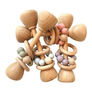 
            
                Load image into Gallery viewer, Montessori Toy - Wooden Rattle with 2 Wood Rings : Grey Toys Ecosprout 
            
        