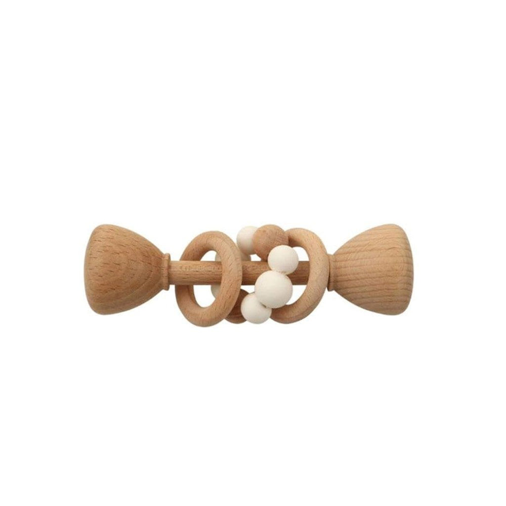Ecosprout Montessori Toy - Wooden Rattle with 2 Wood Rings : White