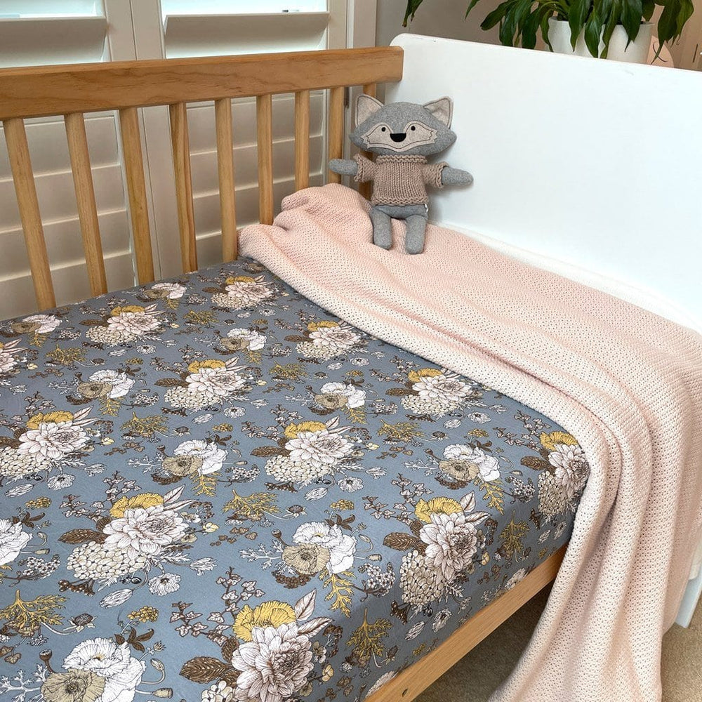 
            
                Load image into Gallery viewer, Bamboo Jersey Fitted Cot Sheet : Indigo Blooms Sheet Luna&amp;#39;s Treasures 
            
        