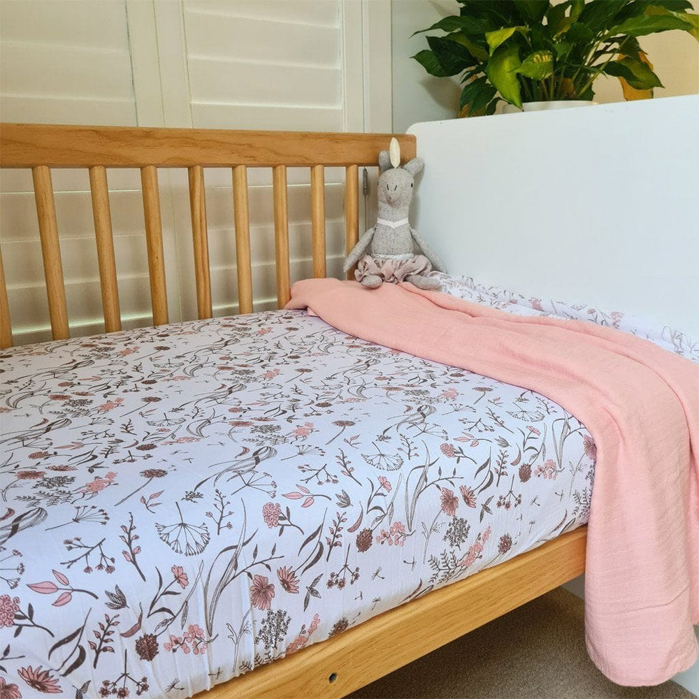Bamboo Jersey Fitted Cot Sheet : Wild Meadows Pink Sheet Luna's Treasures 