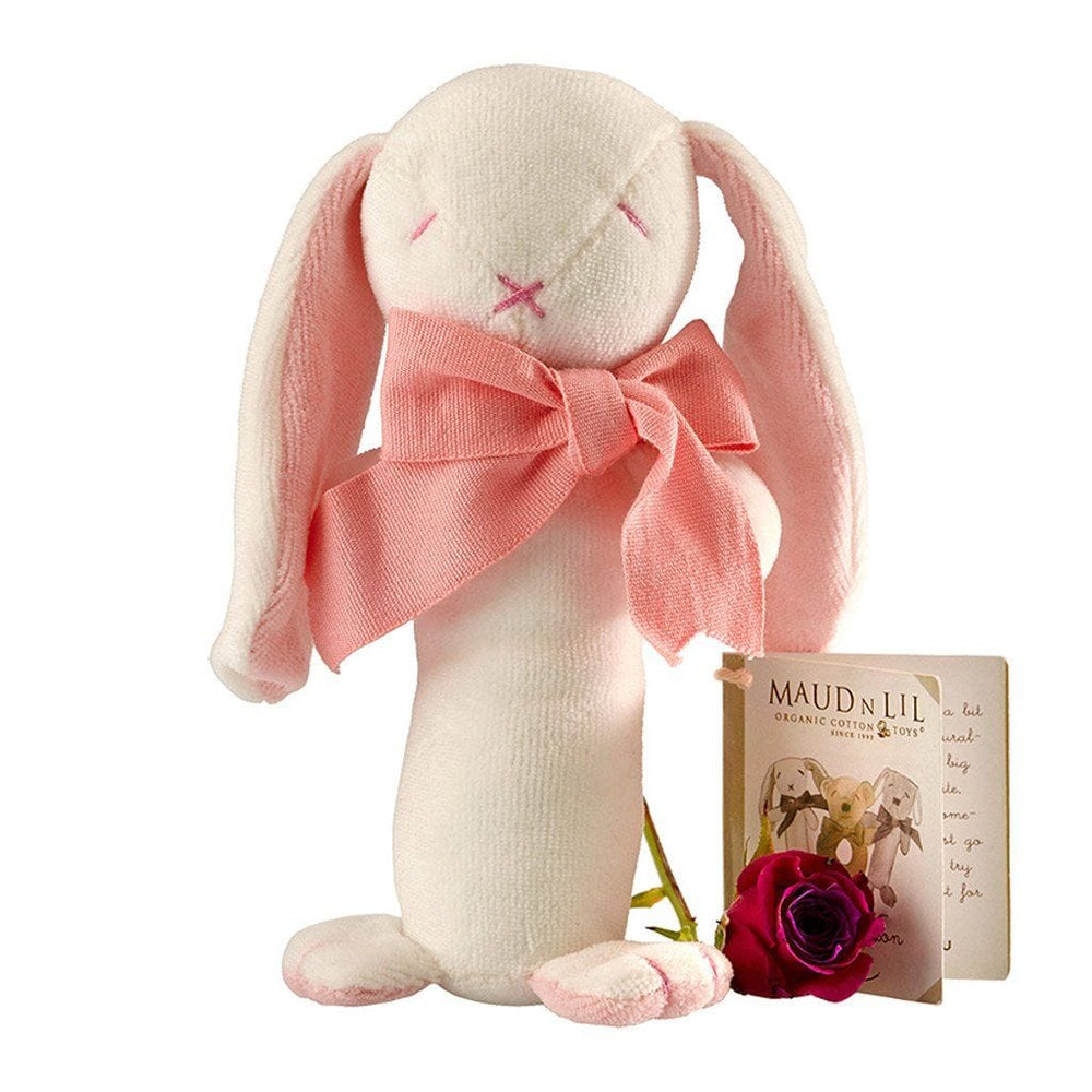 Maud n Lil Organic Cotton Stick Rattle - Rose the Pink Bunny - Ecosprout - New Zealand